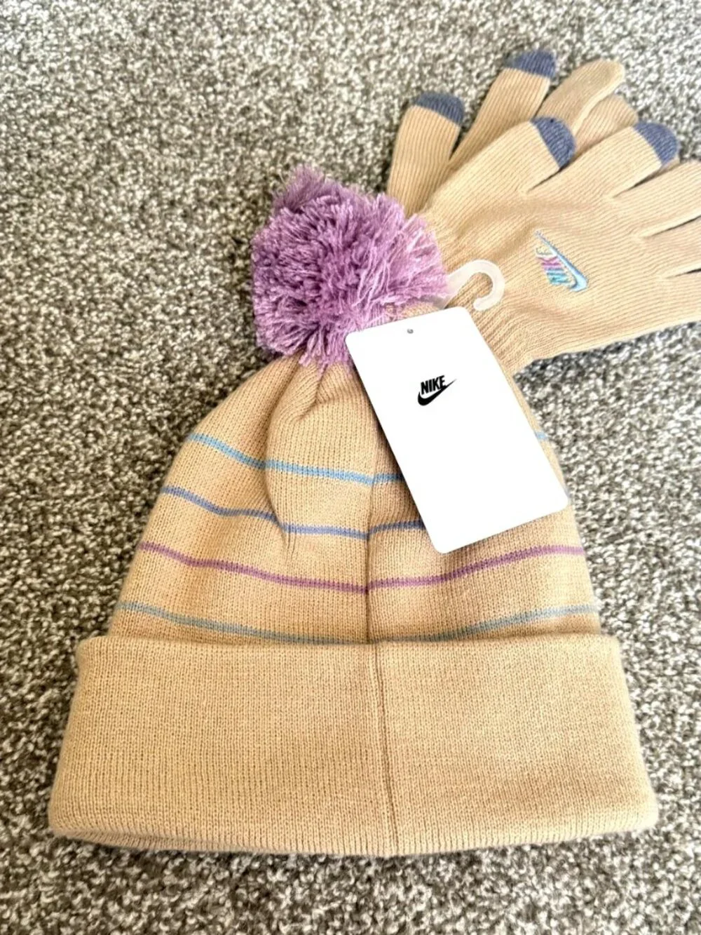 Nike Kids 2-Piece Winter Set Beige Striped Beanie Pom Touchscreen Gloves NWT